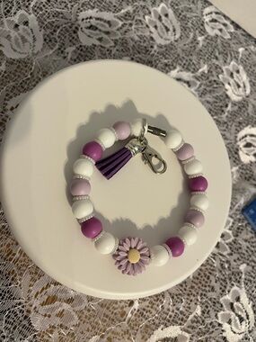 Purple & White Beaded Wrist Strap with Flower Charm